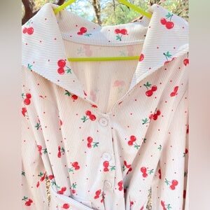 Retro 1940’s Faux Corduroy Cherry and Dot Cream Fall Dress with Belt